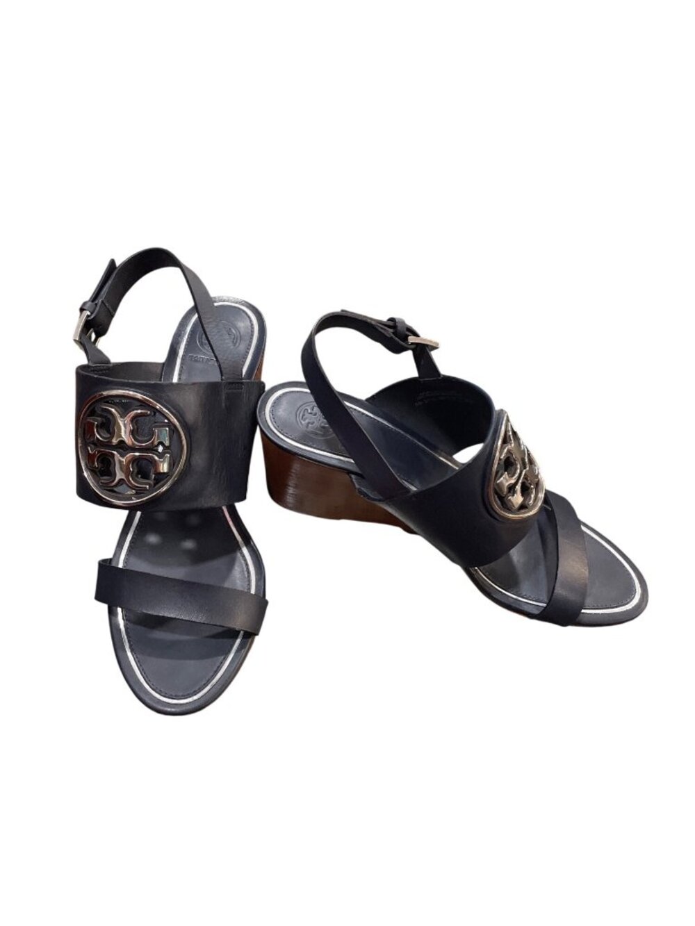 Tory Burch wms black leather  3" open sling back wedge shoes sz 8.5M SKU 10-259